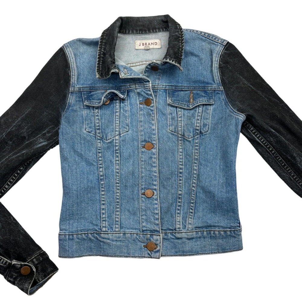 J Brand Bowie Jean Jacket Blue Cotton Denim Black Leather Sleeve Womens Small